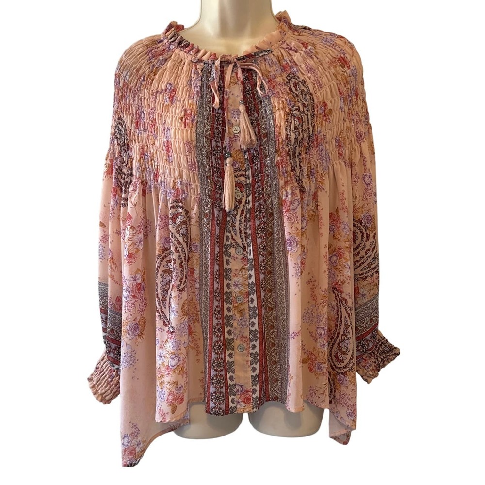 Altar'd State Peach Floral Paisley Smocked Boho Blouse Tassel Tie Medium TWE1181